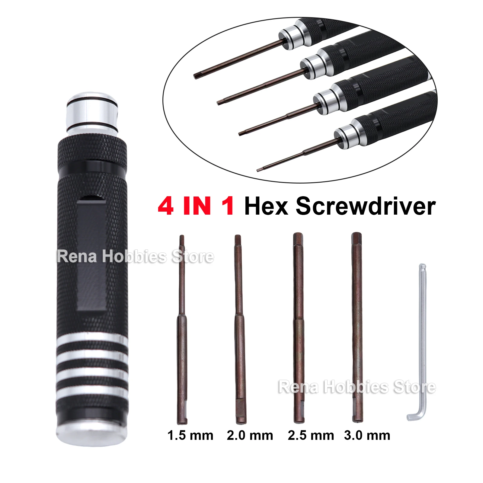 

Многофункциональный шестигранный ключ-отвертка 4-в-1 с насадками 1.5мм, 2мм, 2.5мм, 3мм из стали S2 для радиоуправляемых вертолетов, автомобилей, самолетов, дронов