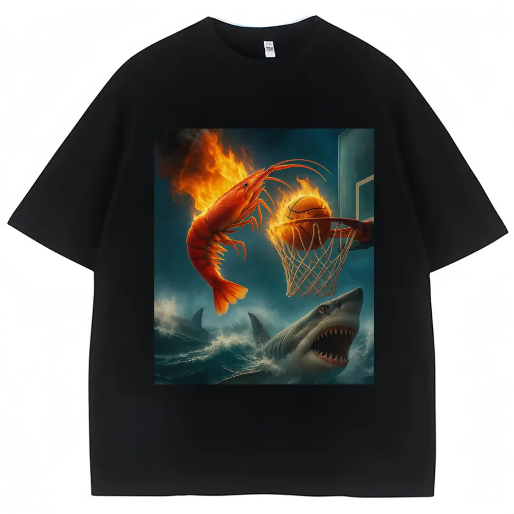 Fiery Shrimp Dunk Basketball Meme Funny T Shirt Sports Fans Men Women Humor Joke T-shirts Oversized Cotton Casual Short Sleeve