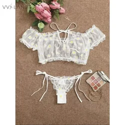 Sexy Women's Underwear Lace Floral Wire Free Lingerie Set Off-Shoulder Small Chest Bralette+Thong Beachwear Transparent Bra Set