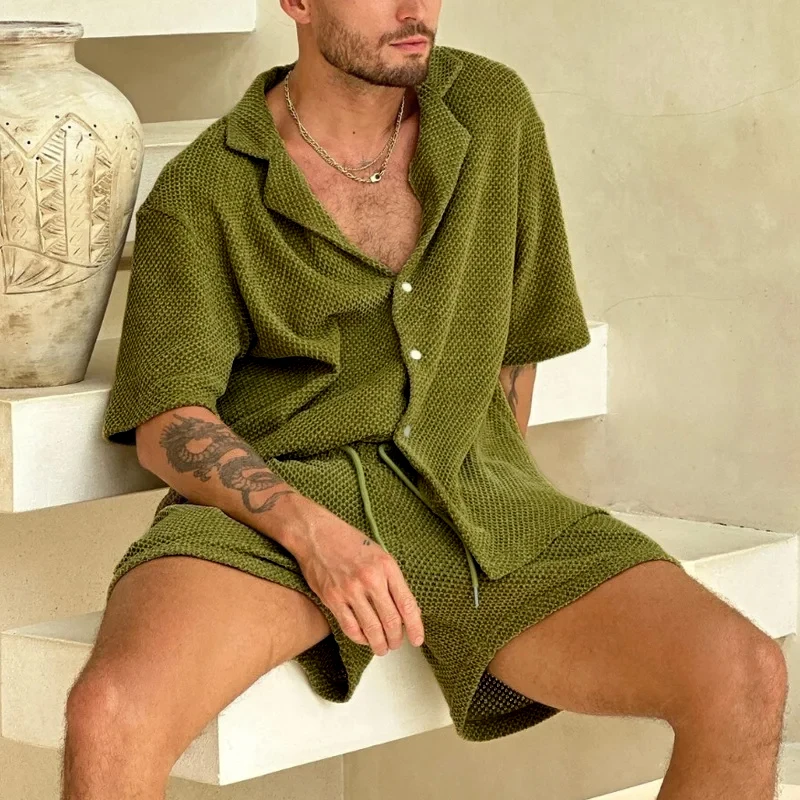 Beach Style Breathable Knitted Mens Set Summer Casual Pure Color Short Sleeve Knit Shirt And Shorts Two Piece Suits Men Outfits