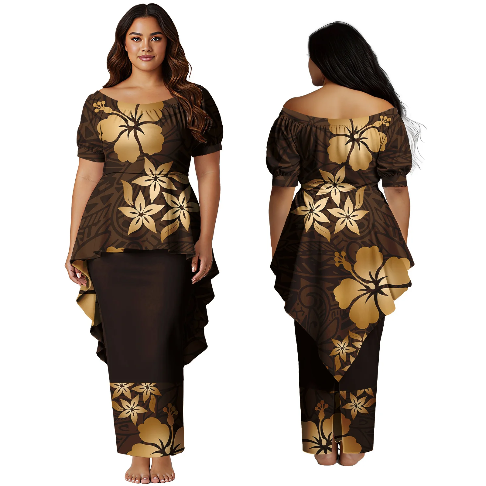 Ropa personalizada a petición para mujer, vestido con estampado Floral de Isla de Samoa, Top y faldas polinesio, conjunto de 2 uds de talla grande, Puletasi hawaiana para mujer