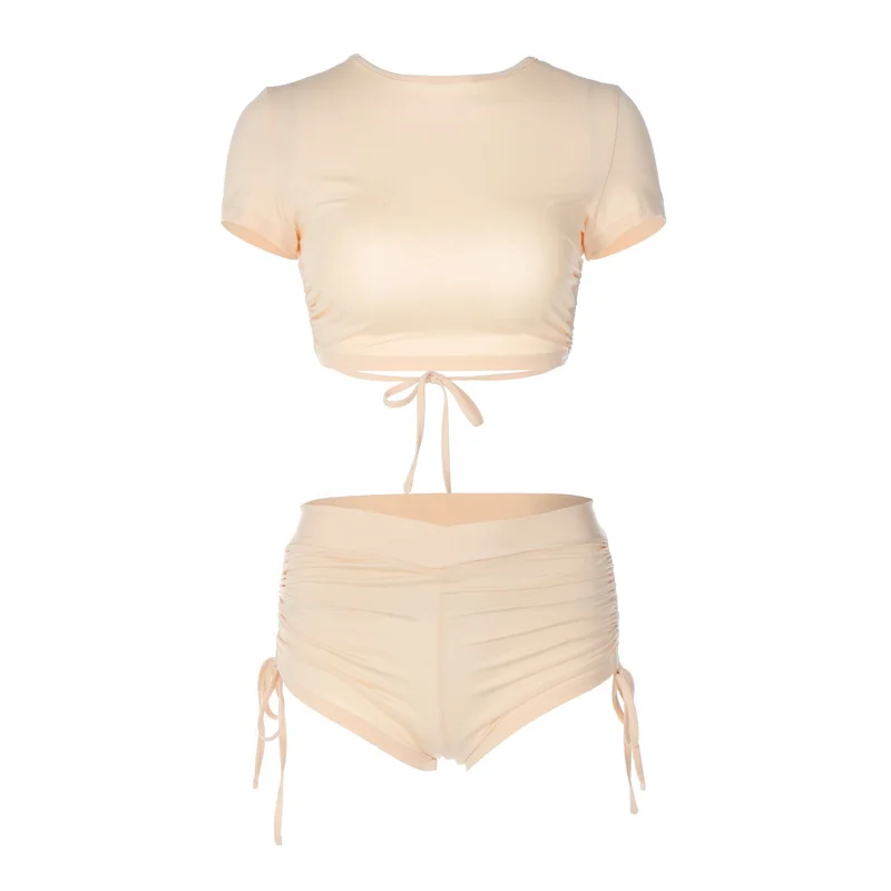 2023 New Fashion Spring New Round Neck Drawstring Short Sleeve Open Back Top with Hip Lift Sexy Hot Short Two Piece Set