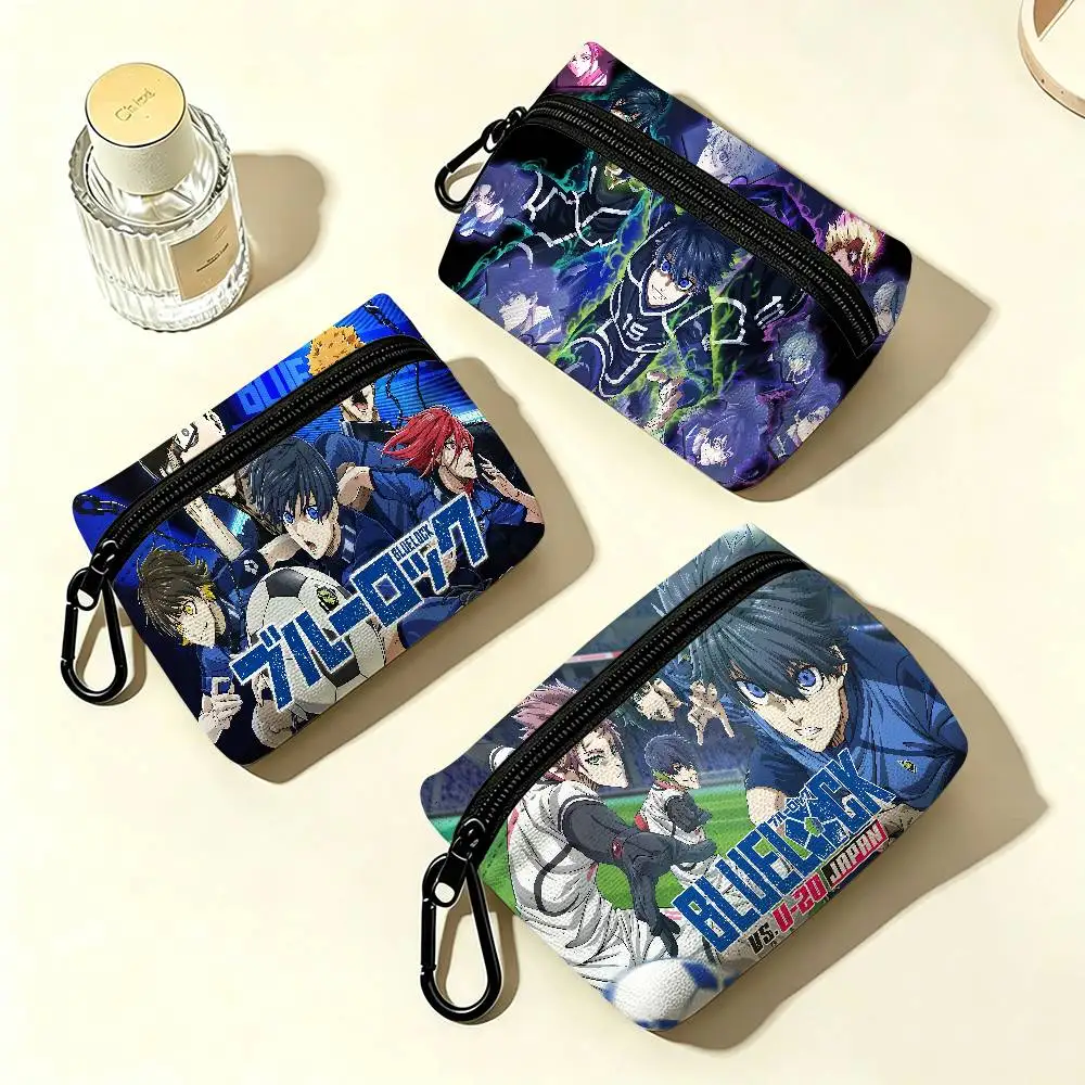 Football Anime B-Blue L-Lock Lightweight Oxford Fabric Coin Purse Carabiner Hook Design Mini Card Key Organizer Bag