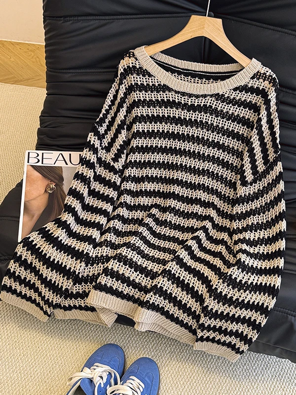 

Color Blo Striped Hollow Long Sve Knitted Sweater Women's Loose Casual Lazy Sle round Ne Cover up Top Spring Autumn