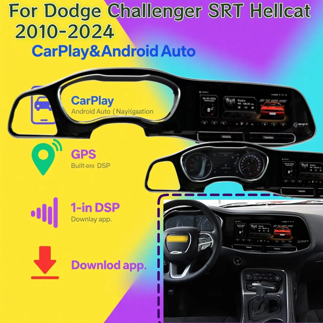 

Android For Dodge Challenger Charger SRT Hellcat 2010-2024 Navigation Head Unit Car Radio Video Multimedia Player Stereo GPS DSP