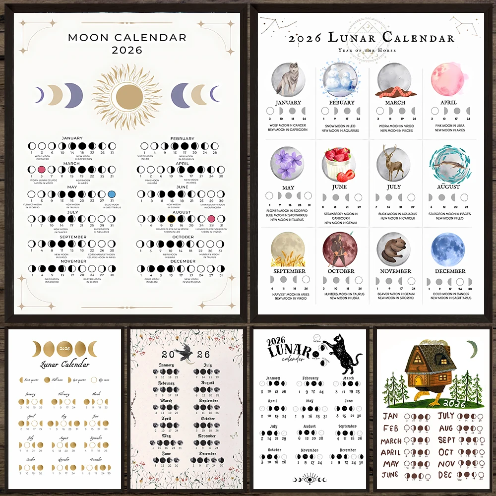 

Full Moon Phases & New Moon Celestial Calendar 2026 Wall Art Canvas Painting,Moon Phase Calendar 2026 Art Poster Print Decor