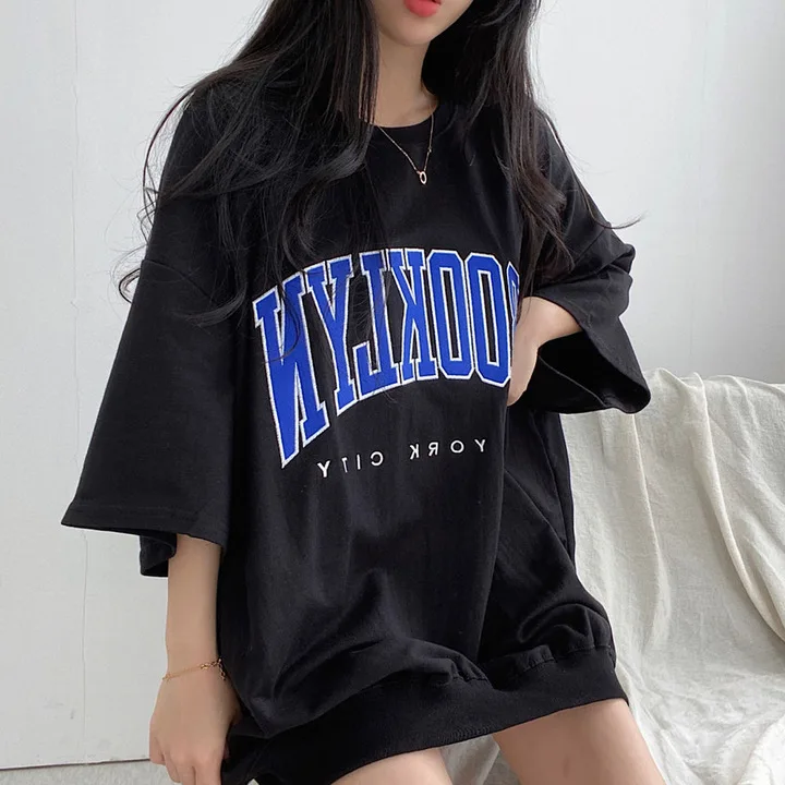 Hip Hop Short Sleeve Korea O Neck Oversized Cotton Summer Women Harajuku Letter Print Sweatshirts Gray Vintage Loose Fleece Tops