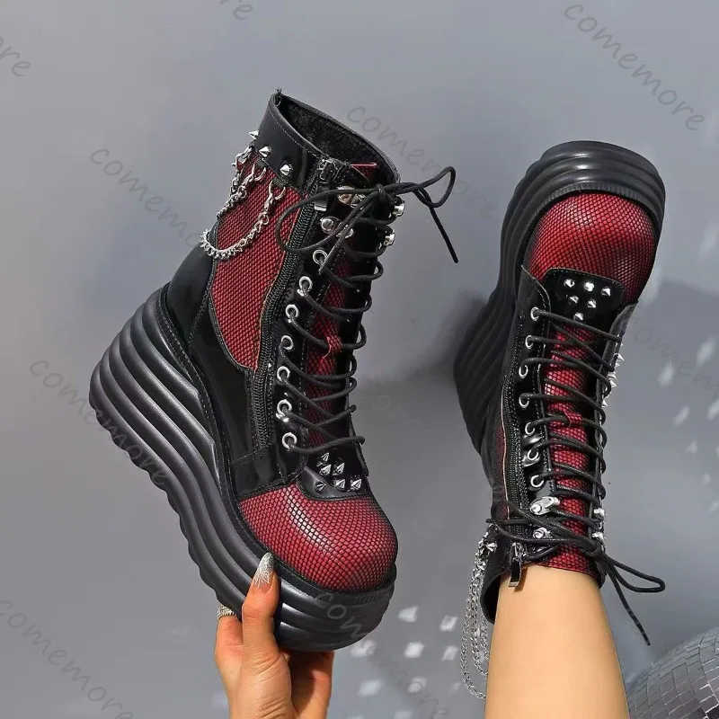 Comemore Women's Shoes Fashion Platform Boots Ladies Wedges High Heels Short Botines Round Head Mixed Color Chain Punk Botas