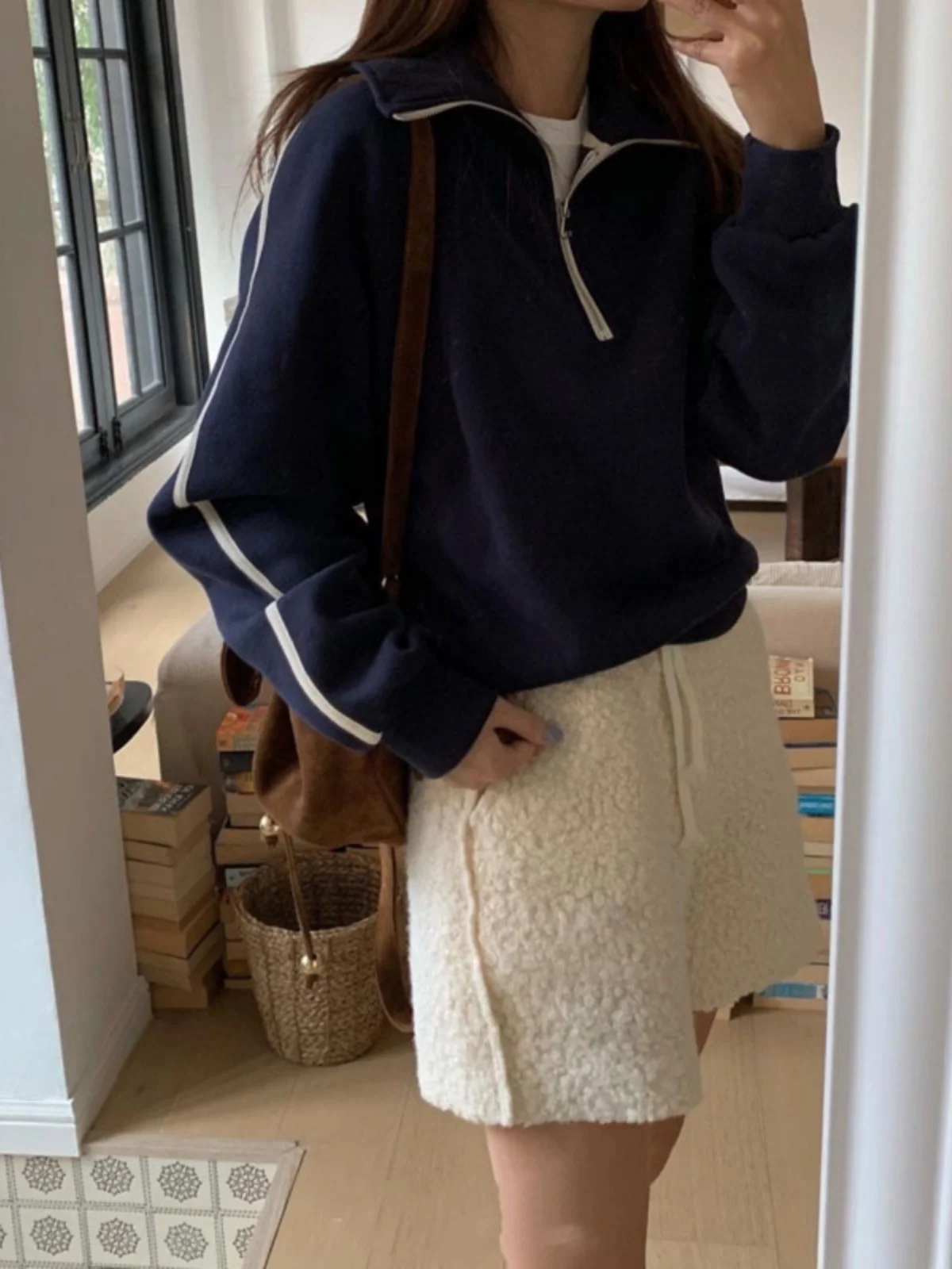 American Design Long Sleeve  Collar Hoodie Women's Autumn Winter Loose Simple Casual Slimming Base Layer Fleece Lined Top