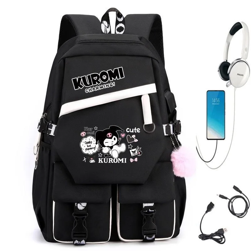 USB Girls Backpack Kuromi School Book Bags Teen Women Men Travel Bags Laptop Headphone Port Mochila Gift