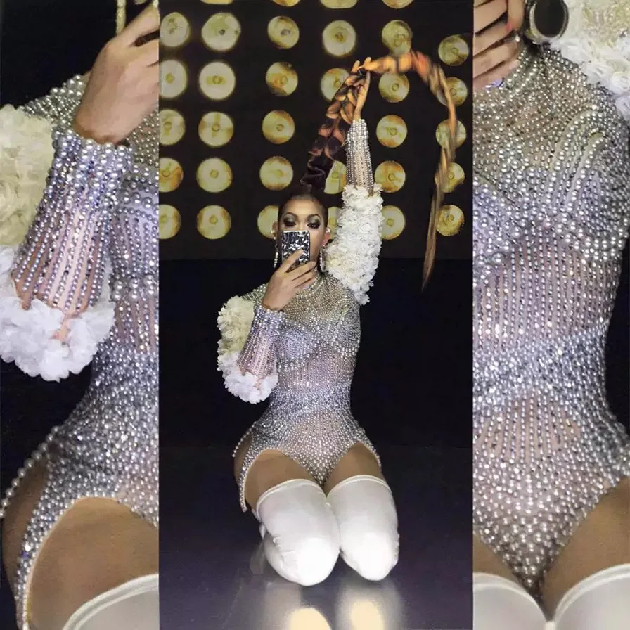 2024 luxurious Flashing Rhinestones Pearls Bodysuit Birthday Celebrate Dress DJ DS Bar Female Singer Show Wear Stretch Clothes