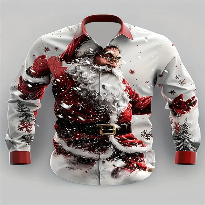 

2025 New Santa Claus Casual Men's Button Shirt Long Sleeve Christmas Theme Shirt Comfortable Soft HD Printing
