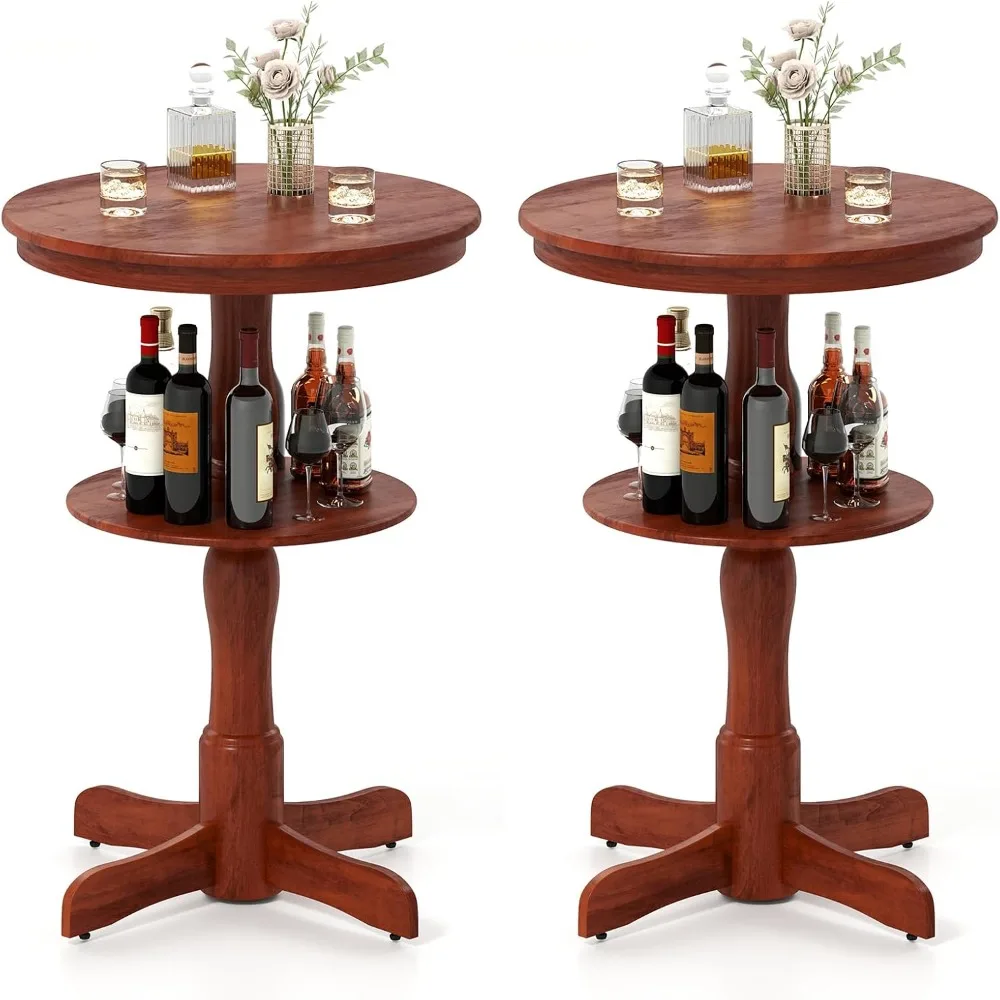 

Bar Table Set of 2, 2-Tier Round High Top Table with Storage Shelf & Pedestal Base, Wooden Pub Table, Elegant Bistro Table