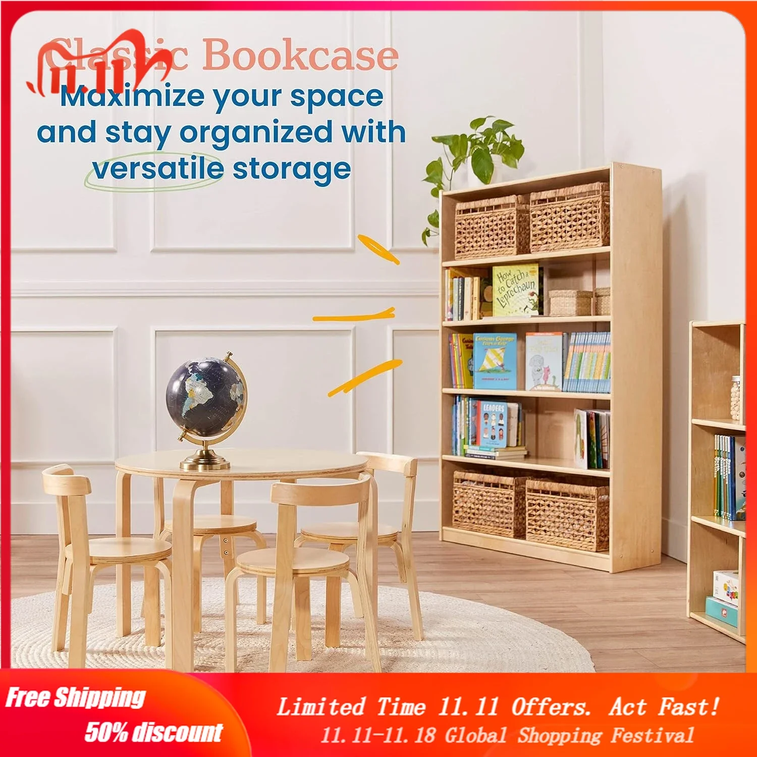 

Classic Bookcase, 60in, Adjustable Bookshelf, Natural