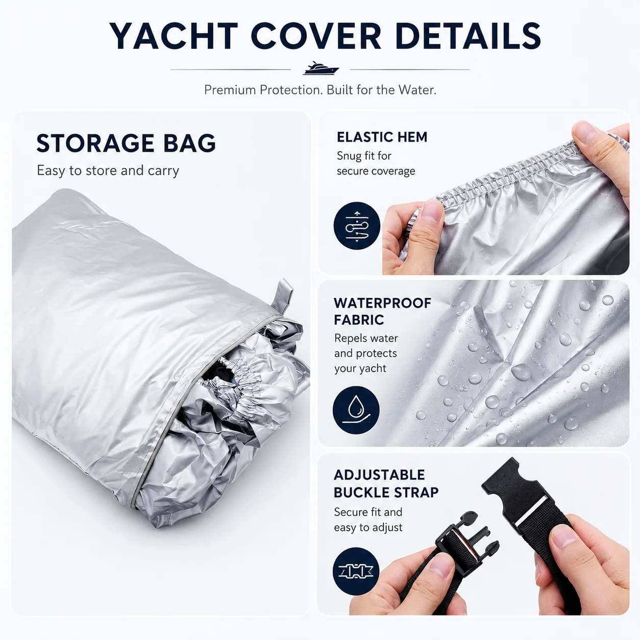Silberne Reflektierende Bootsabdeckung 11-22FT Marinequalität Wasserdicht Reißfest Allwetterschutz für Yachten mit Verstellbaren Gurten – Detail 3