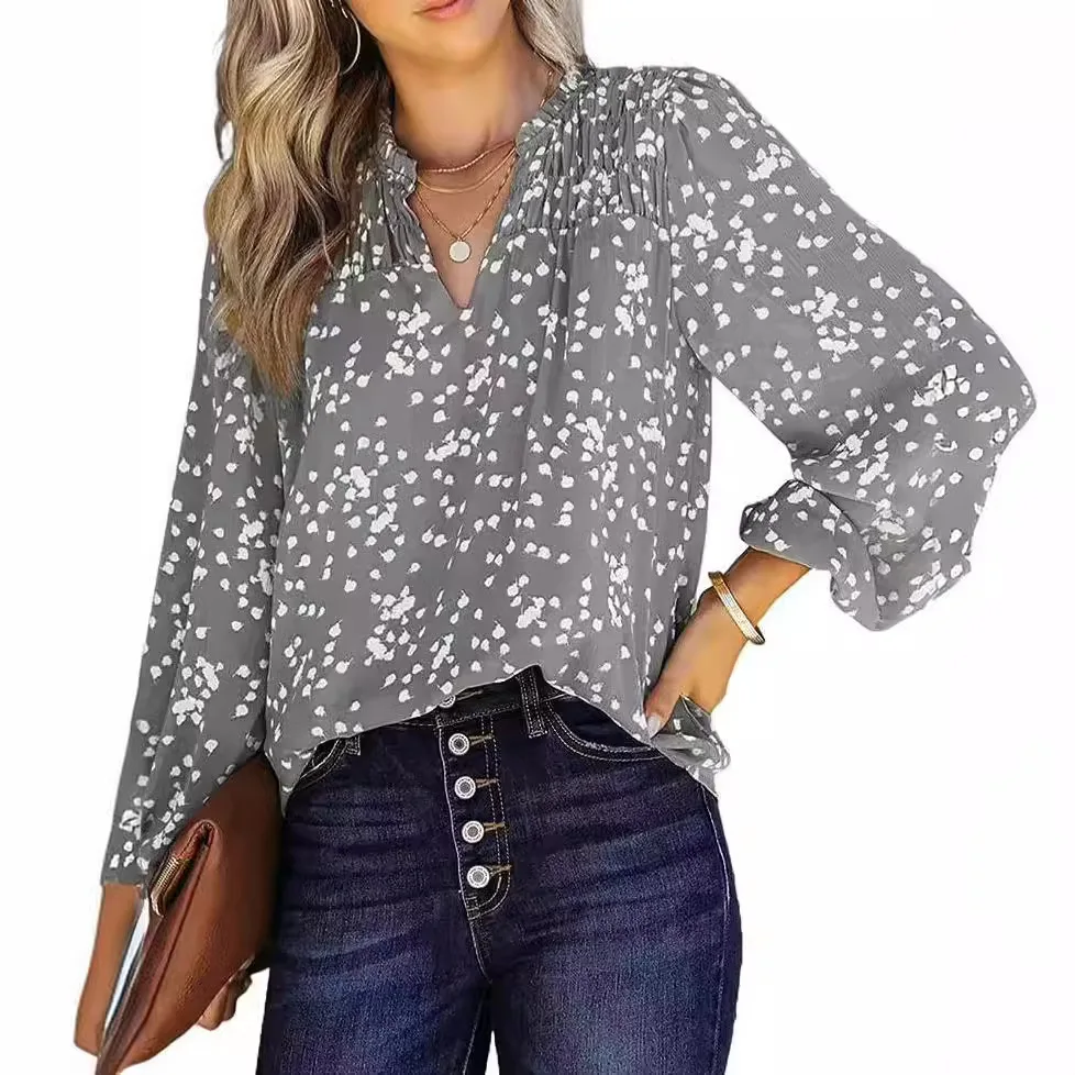 

Summer New Women's Top V-neck Long-sleeved Polka Dot Print Pleated Shirt Blouse Tops