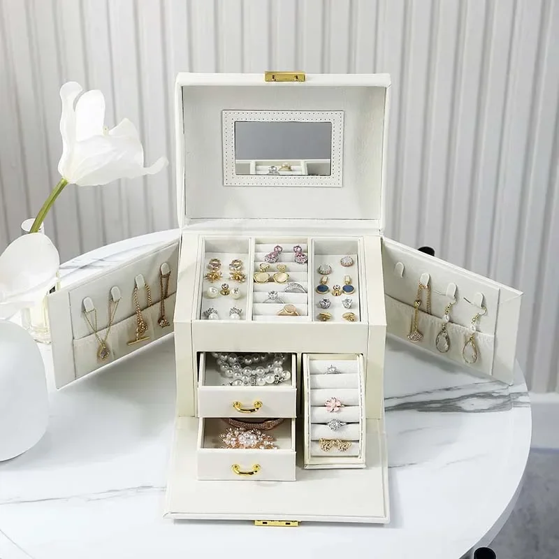 Newly Jewelry Storage Box Large Capacity Portable Lock with Mirror Jewelry Storage Earrings Necklace Ring Jewelry Display