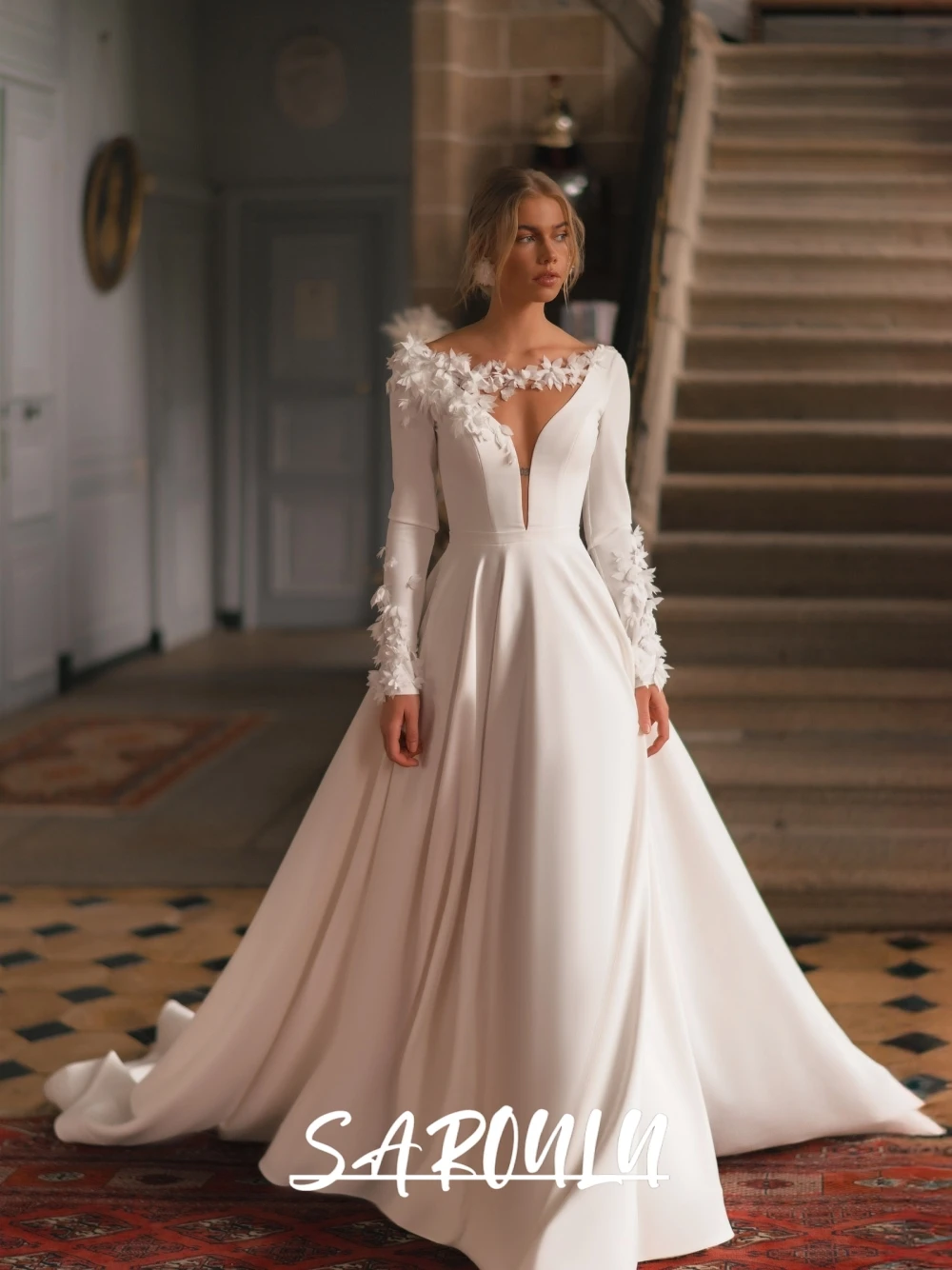 Low Back Flowing Satin A Line Wedding Dress Modern Flowers Asymmetrical Neckline Customized Bridal Gown Unique Sexy Women Wear