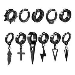 11pcs Punk Men's Stainless Steel Earring Set - Clip-on Hip-hop Fashion with Rivet & Feather Accents