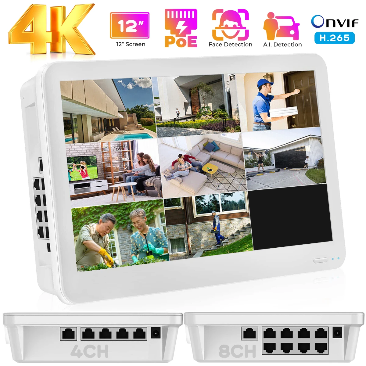 

4K 8CH POE NVR with 12" Screen 4-8CH Onvif 8MP PoE Recorder of IP Camera Network Video Recorder for Home Security CCTV System