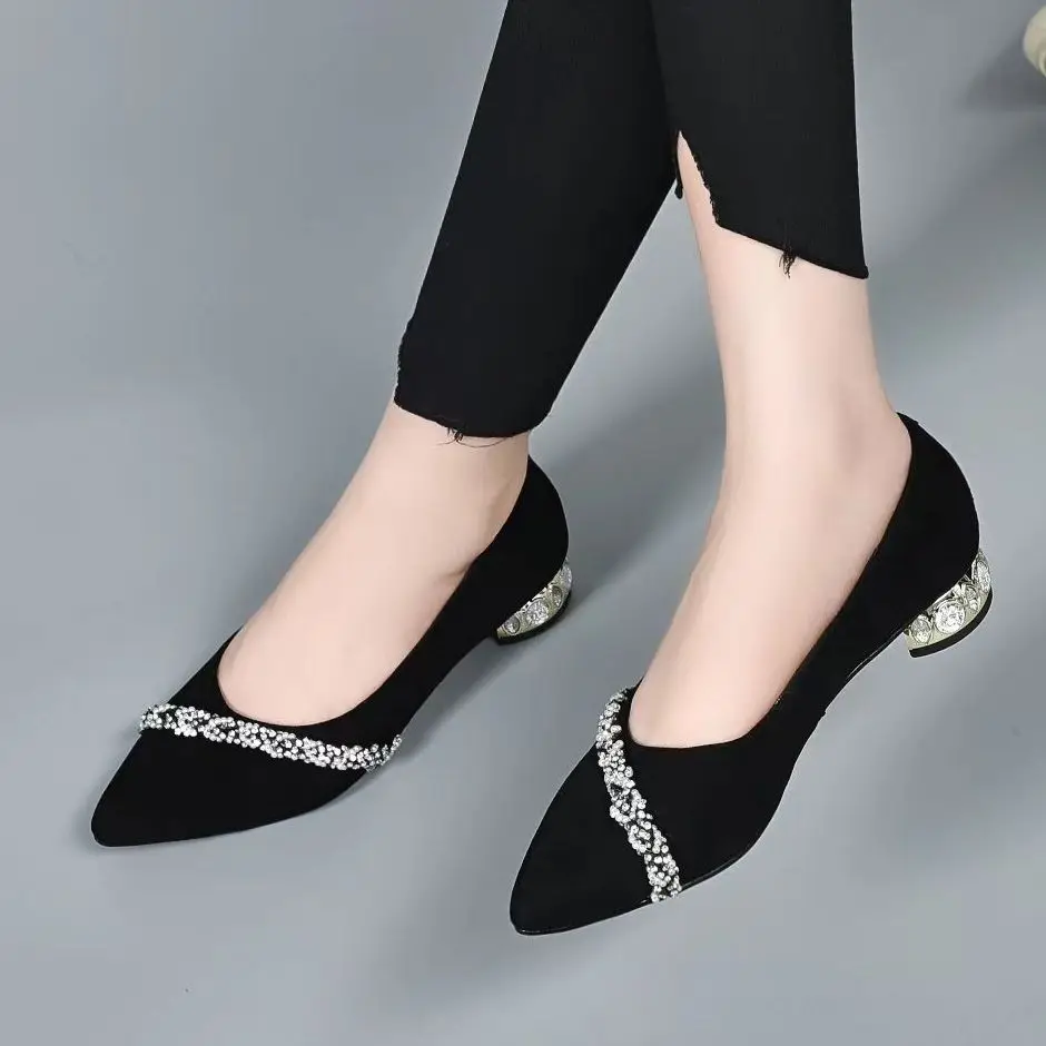 Women\'s Summer Footwear Diamond Shoes for Woman 2024 Rhinestone Office Low Heel Elegant with Crystals Black Stylish on Promotion