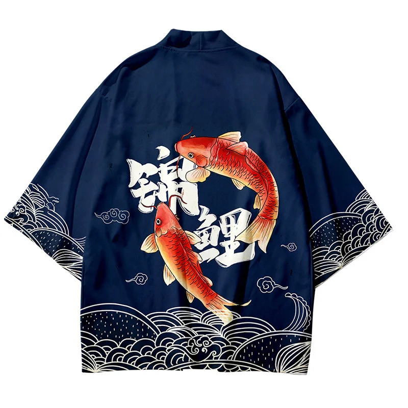 Black Kimono Cardigan Women Men Japanese Obi Male Yukata Boys Haori Japanese Wave Carp Print Coat Traditional Japan Clothing