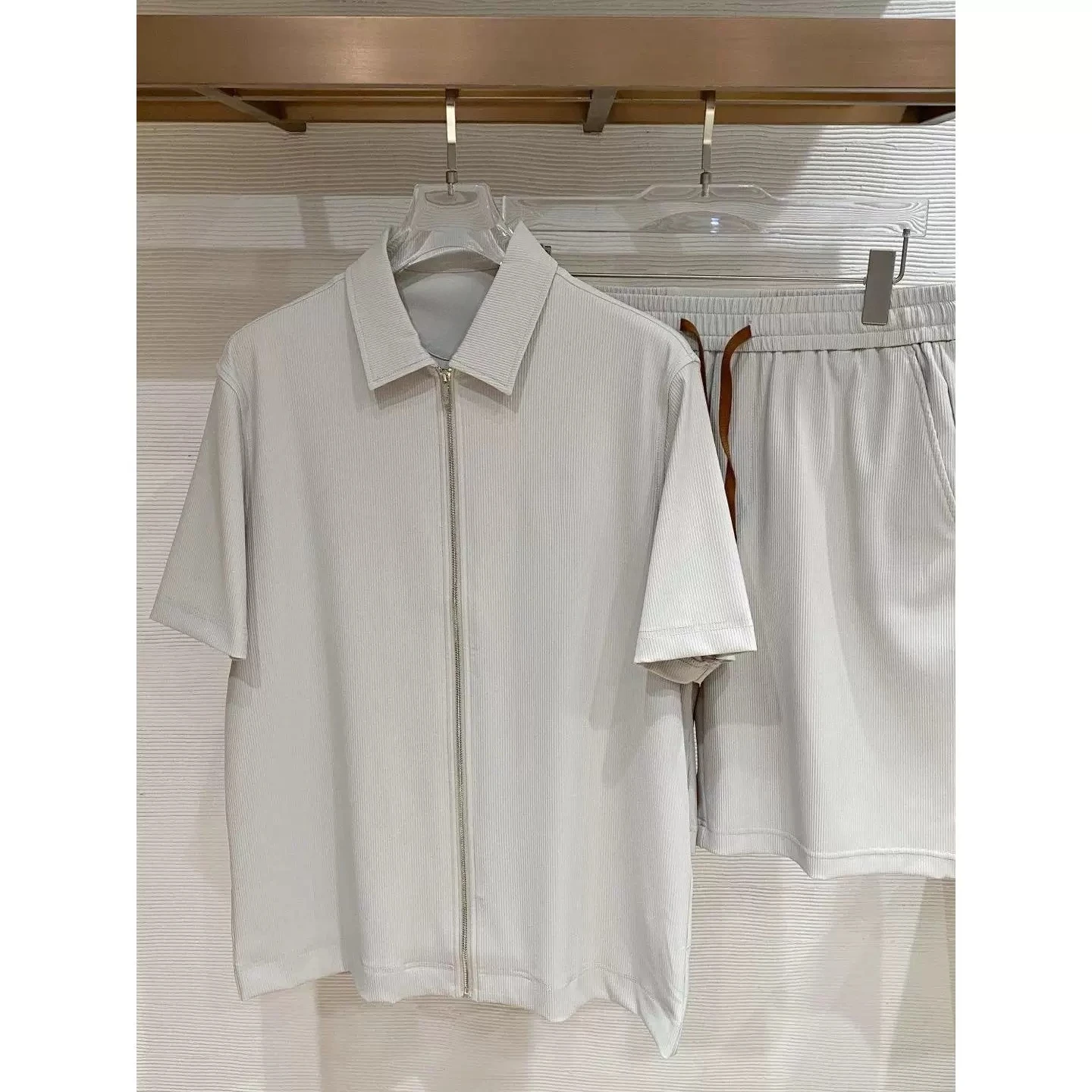 Italian BC solid color simple men's lapel zipper 26ss short-sleeved shorts set