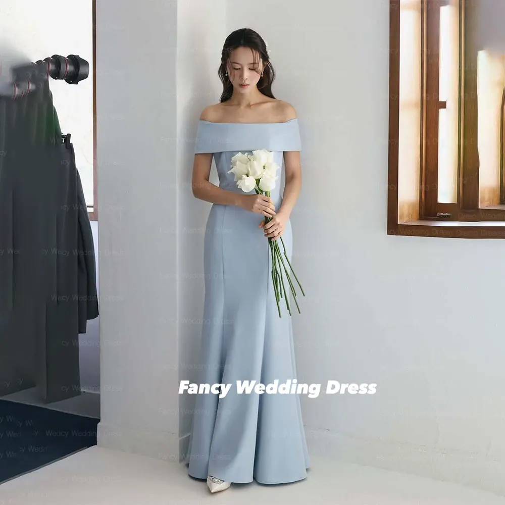 

Fancy Simple Light Blue Wedding Dress Korea Photo Shoot Elastic Satin Mermaid Bridal Gown Floor Length Back Zip Customized