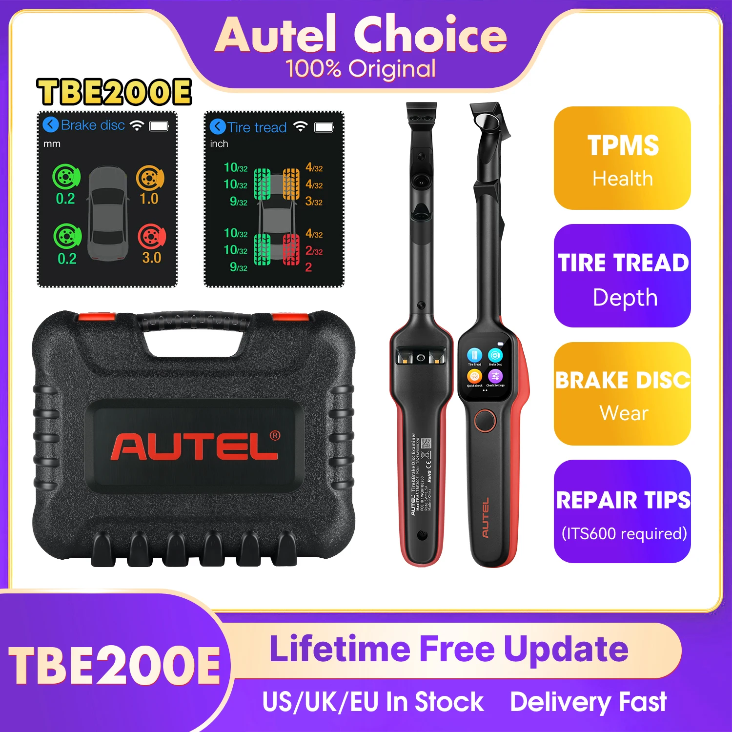 Autel MaxiTPMS TBE200E Scanner diagnostico per pneumatici Strumento per auto Laser Profondità battistrada e usura disco freno Tester 2in1 Esegui con ITS600