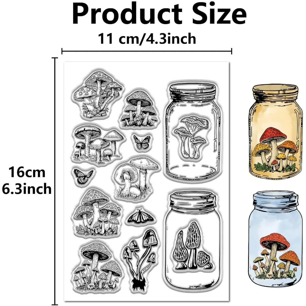 Mushroom Clear Stamps Wedding Reusable Vintage Glass Bottle Flower Leaves Floral Background Rubber Stamp 2 Sheets Decorative