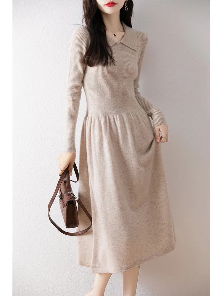 Women's Pure 100% Wool Knitted Dress, Polo Collar, Slim Fit, Fashionable, Warm, Korean Style, Autumn/Winter 2024