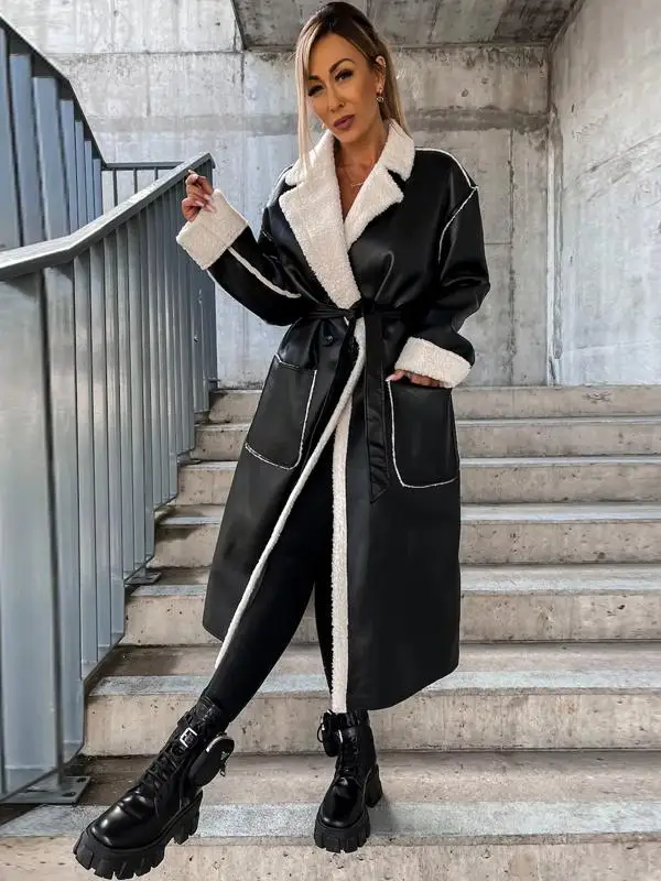 الشارع Sle Thiened معطف جلد المرأة منتصف طول Faion ملابس خارجية ربيع الخريف الشتاء جديد وصول معطف فضفاض صالح