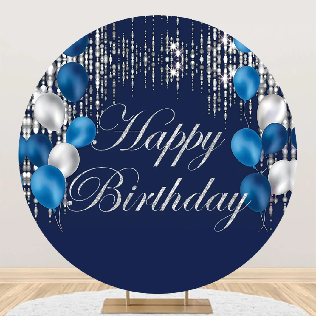 

Dark Blue Background White Blue Balloon Silver Spot Custom Birthday Backdrop Wallpapers for Photography Baby Shower Studio Photo