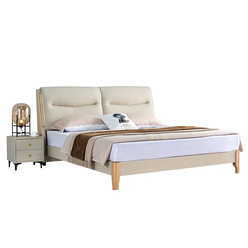 Modern simple double bed, solid wood bed master bedroom, storage, small apartment soft bag light luxury