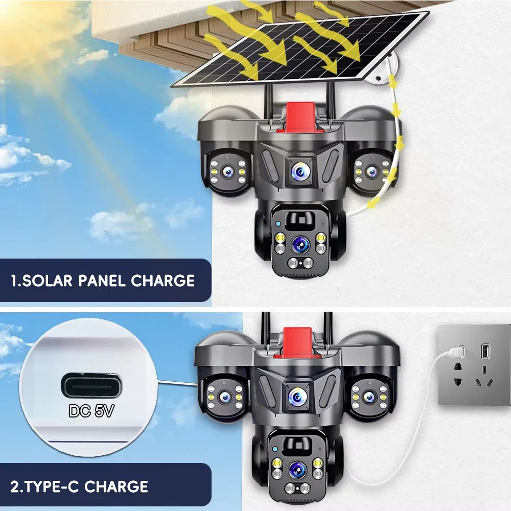 KERUI Outdoor 6MP Triple Lens Solar PTZ Camera 4G SIM WiFi V380pro Home Security CCTV Surveillance Camera Built-in Rechargeable