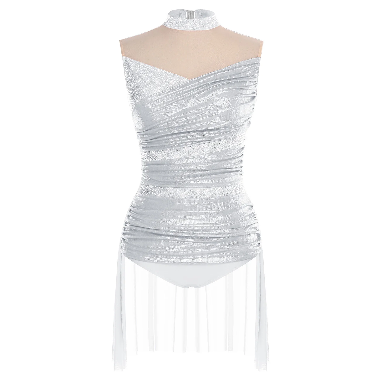 Justaucorps de danse lyrique pour femmes, strass scintillants, couleur contrastée métallique brillante, sans manches, jupe en maille froncée, body ballerine