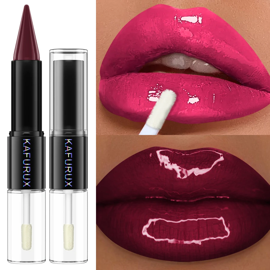 ลิปสติกแบบสองหัว 2 in 1 สีชัด ติดทนนาน กันน้ำ 24 ชม. เครื่องสำอางเกาหลี ของขวัญ ลิปทินท์ ปากอวบอิ่ม สีชมพู