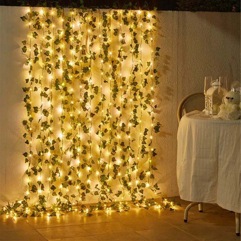 Flower Green Leaf String Lights Battery Powered Ivy Vine Fairy Lights Garland for Wedding Party Christmas Courtyard Decoration