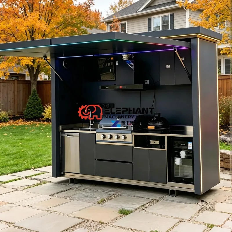 Prefab Modular Outdoor Kitchen Island Kits with Roof, Grill, Sink, Storage Cabinet, Backyard Patio Cooking Station