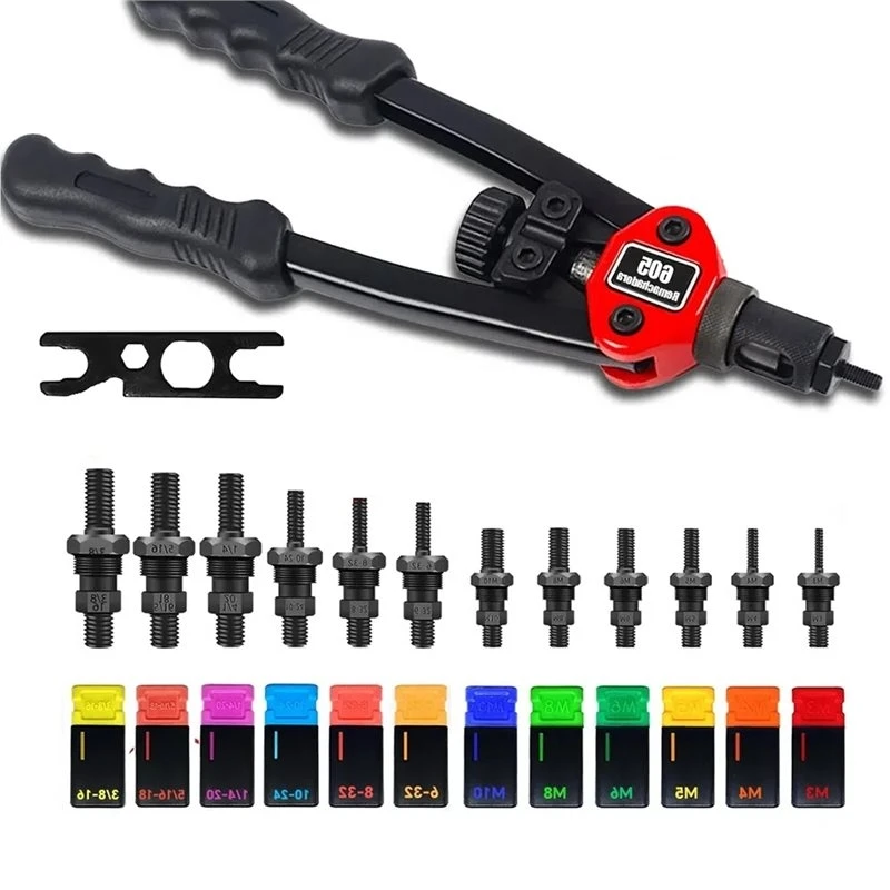 A76I-BT-605 Manual Riveting Tool Alloy Steel Double Handle Household Riveting Tool Riveting Nut Tool+ 12 Tool Sets Head