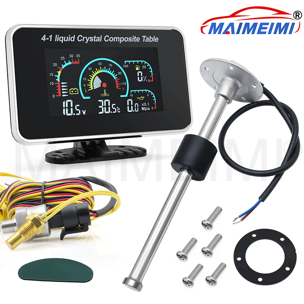 4 in 1 LCD Car Digital Water Temperature Oil Pressure Voltmeter Volt Fuel Gauge ALARM Gauge with 100-575mm Sensor