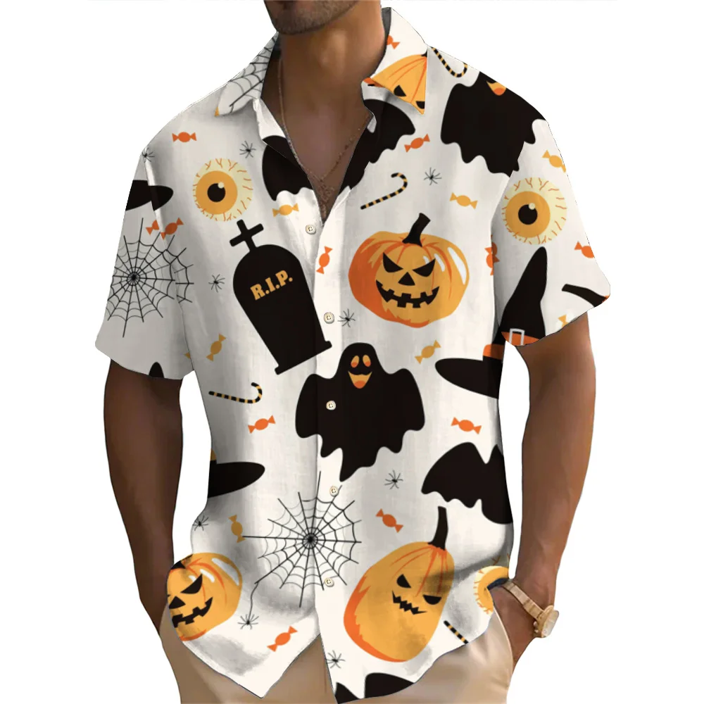 Halloween Shirt  Men's Shirt Pumpkin Skull Print Short Sleeved Shirt Casual  Holiday Party Shirt Top Oversized Men's Clothing