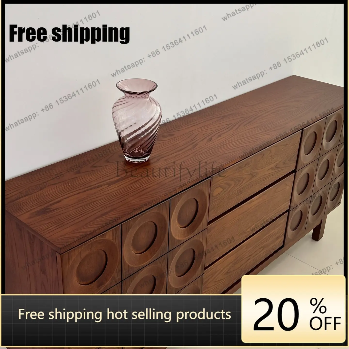 LD all solid wood dining side cabinet household living room retro ash wood solid wood storage cabinet