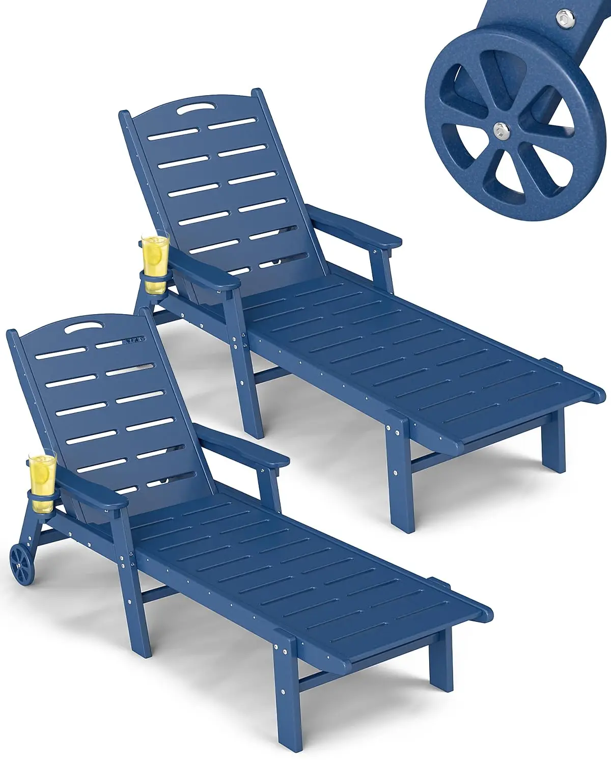 HDPE Outdoor Chaise Lounge Set of 2, 5-Position Adjustable Pool Chair with Wheels & Cup Holder for Patio Deck, Blue, Customized