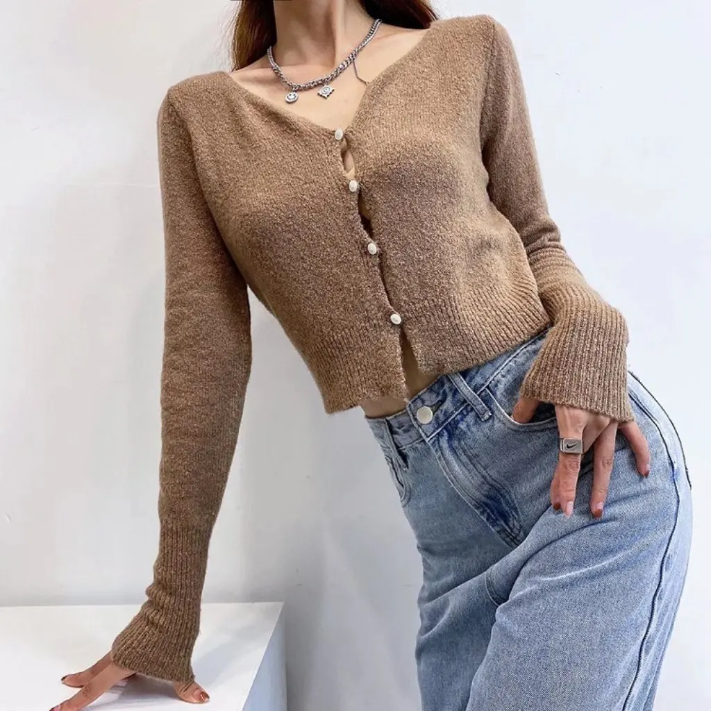 

YPFF Women's V-Neck High Waist Short Cardigan Solid Color Long Sleeve Knitted Sweater Trendy Spring European American Style Top