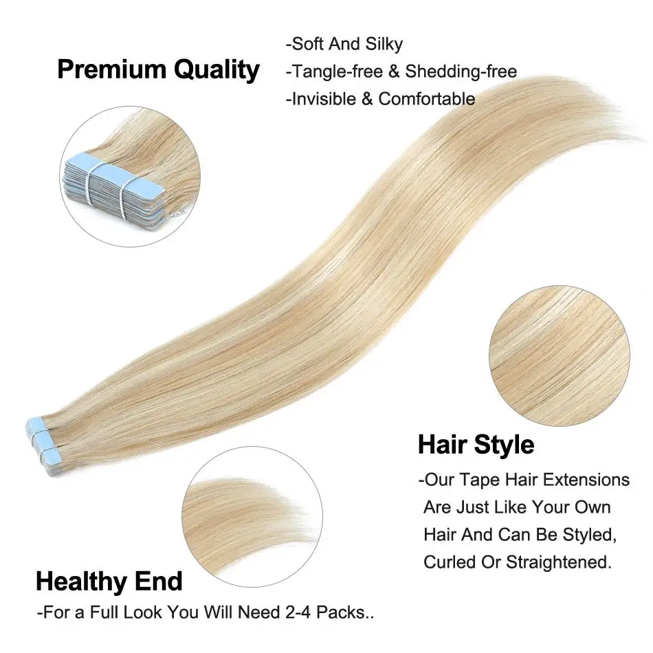 Straights Tape In Hair Extensions Natural Human Hair European 100% Remy Hair Tape Ins Balayage Blonde Hair For Women's Thin Hair