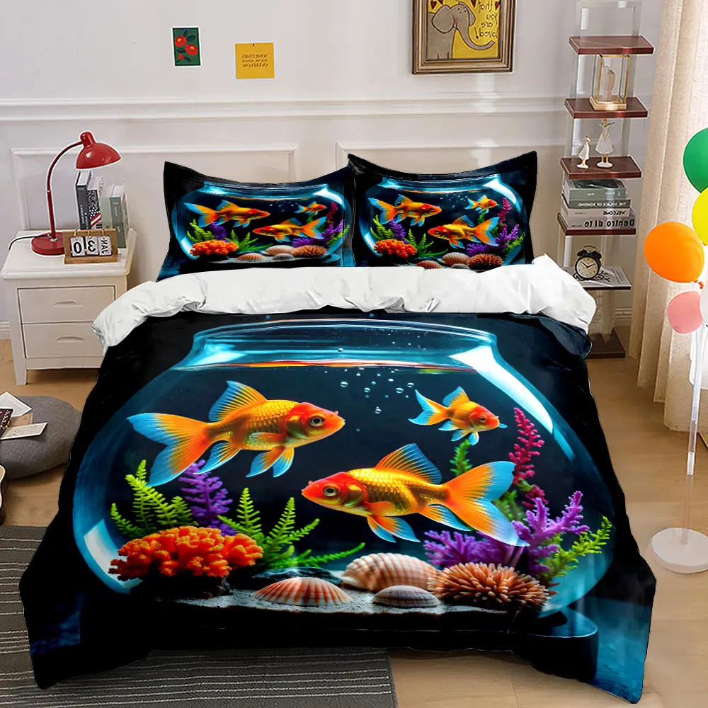 Goldfish in decorative aquarium Pattern Duvet Cover Set Digital Print Colorful Polyester Bedding with Zipper Closur for gifts