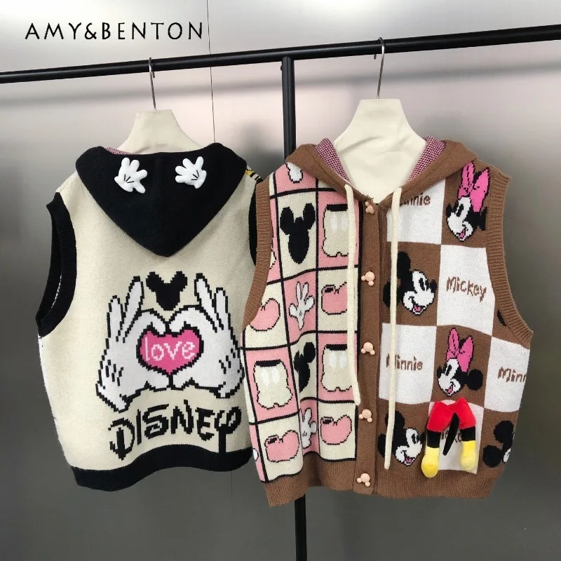 

2025 Autumn New Japanese Retro Cartoon Jacquard Hooded Knitted Vest Knitwear Fashionable Age-Reducing Sweater Waistcoat Ladies