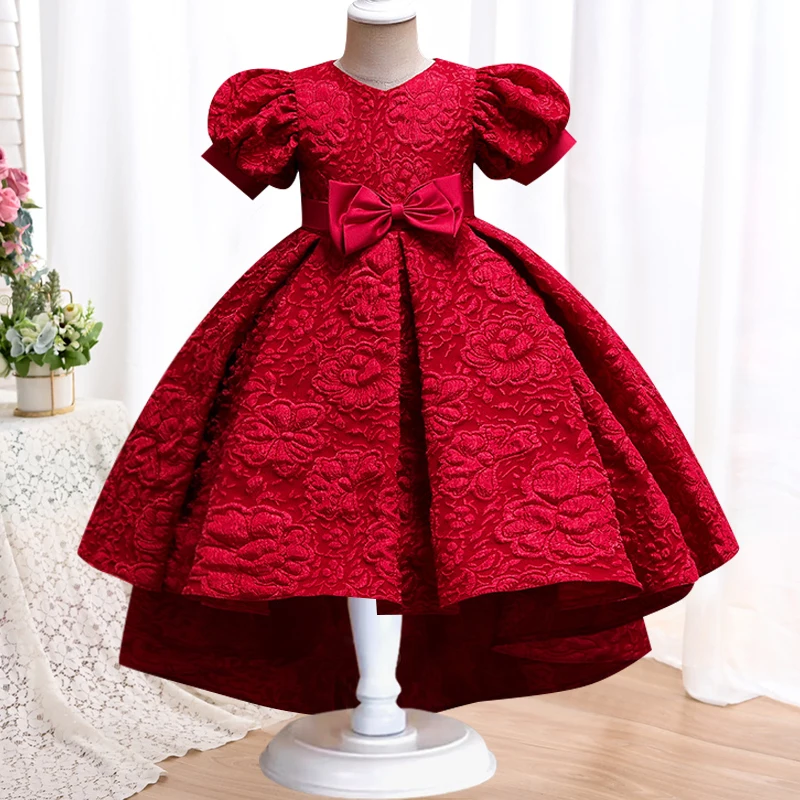 Girls' high-end trailing princess dress, 3-10 year old children's bow tie bubble sleeve puffy skirt, banquet host formal dress