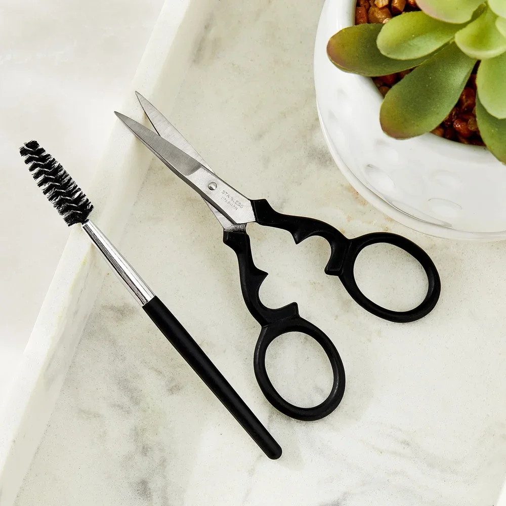 ステンレス製眉用ハサミと両端ブラシセット、人間工学に基づいた精密なヘアトリミング、完璧なグルーミング、タッチアップ、旅行用